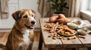 Assorted organic-style dog treats with a happy dog for a dog treat brand comparison.