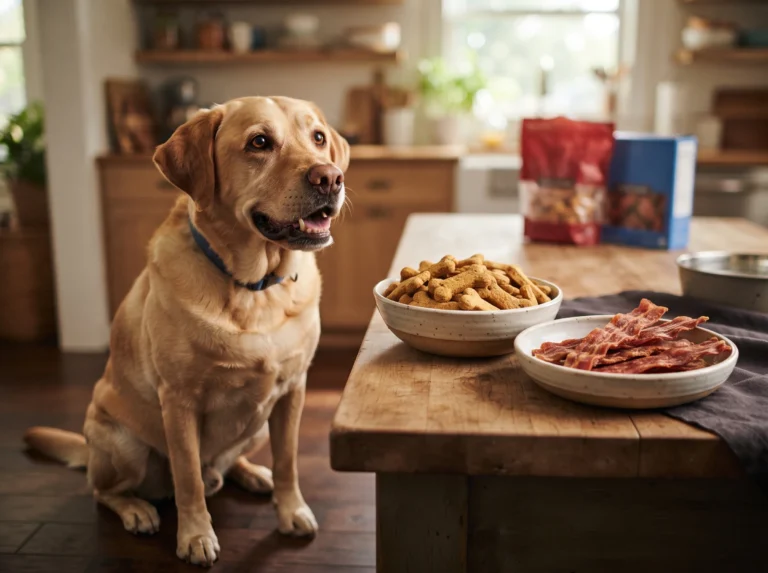 Golden Retriever beside assorted homemade Halloween dog treats and pumpkins.