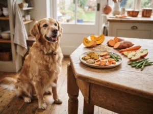 Golden Retriever beside homemade fiber-rich dog treats and healthy ingredients.