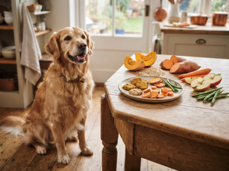 Golden Retriever beside homemade fiber-rich dog treats and healthy ingredients.