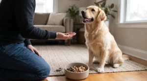 Golden retriever waiting for small dog training treats during a training session.