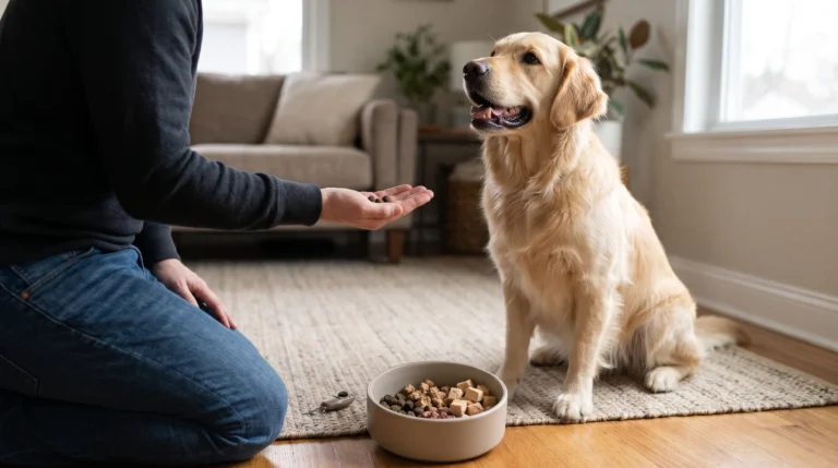 Golden retriever waiting for small dog training treats during a training session.