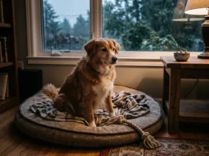 “Calm dog resting safely indoors during a thunderstorm”