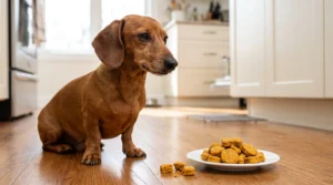Miniature Dachshund beside tiny homemade pumpkin, oat, and carrot treats fresh from the oven.