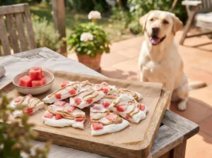 Three homemade watermelon dog treats with fresh watermelon beside a Golden Retriever.