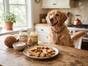 Homemade coconut oil dog treats with oats and healthy ingredients beside a Golden Retriever.