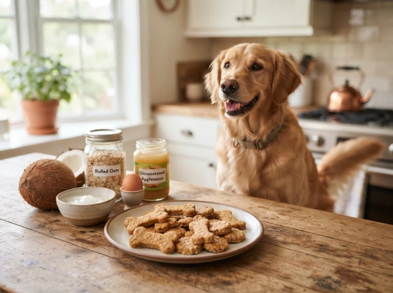 Homemade coconut oil dog treats with oats and healthy ingredients beside a Golden Retriever.