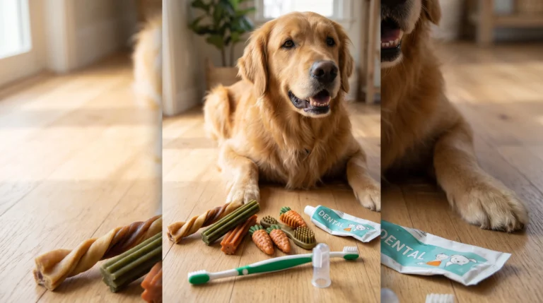 Golden retriever beside assorted dental chews and a dog toothbrush.