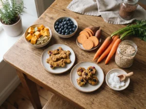 Pumpkin, blueberries, sweet potatoes, carrots, oats, and coconut oil for nutritious dog treats.