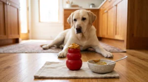 Red rubber Kong toy filled with homemade pumpkin, banana, yogurt, and peanut butter mash for a Labrador Retriever.