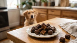 Small soft beef-style dog training bites with a broken treat showing its chewy texture.