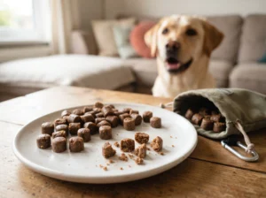 Small soft cylindrical dog training treats arranged beside an unbranded treat pouch.