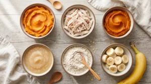 Soft dog treat ingredients including sweet potato banana pumpkin and oat flour