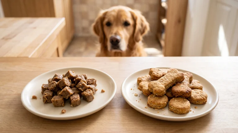 Soft chewy chicken dog treats and hard crunchy homemade dog biscuits displayed side by side.