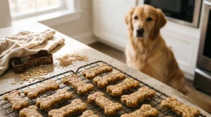 Fresh homemade flaxseed dog treats cooling on a wire rack