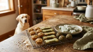 Homemade spirulina dog treats cooling on a wire rack