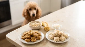 Homemade banana oat discs and plain chicken rice bites arranged on plates for Poodle treats.