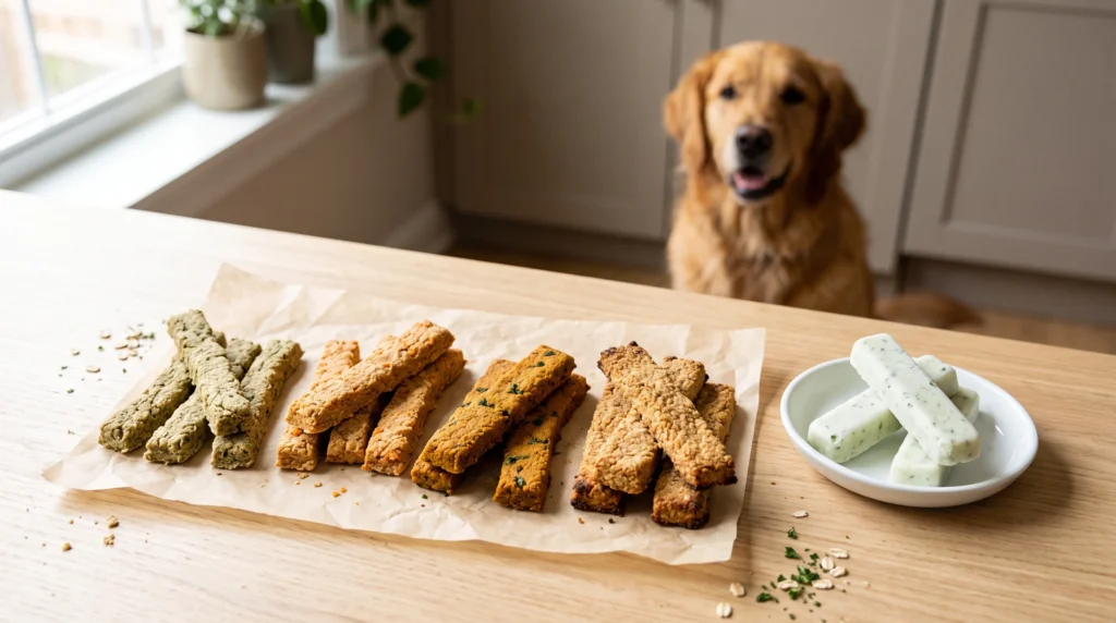 Homemade dog dental sticks in parsley, carrot, pumpkin, peanut butter, and yogurt varieties.