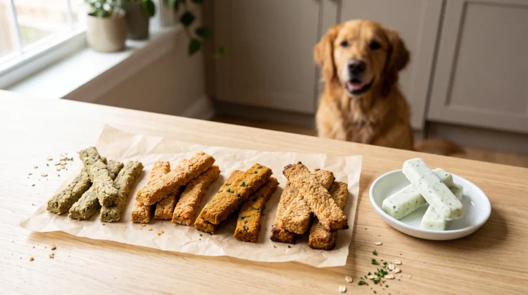 Homemade dog dental sticks in parsley, carrot, pumpkin, peanut butter, and yogurt varieties.