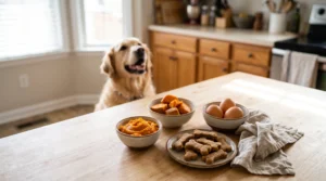 Pumpkin, cooked sweet potato, eggs, and homemade grain-free dog treats on a kitchen counter.
