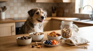 Affordable dog treats including training bites, crunchy biscuits, sweet potato slices, and carrots.