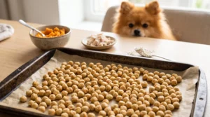 Pea-sized homemade chicken and sweet potato treats for a Pomeranian.