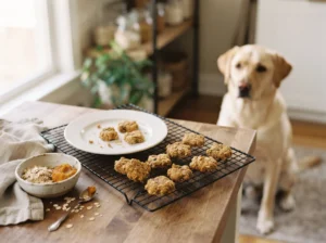 Freshly baked oatmeal dog treats cooling on a wire rack with a Labrador Retriever nearby.