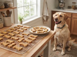 Beef dog treat dough being rolled and cut into bone-shaped treats.