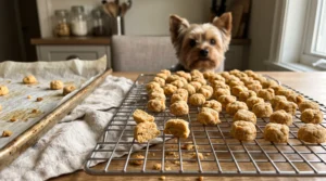 Tiny homemade chicken and sweet potato treats cooling on a wire rack for Yorkies.