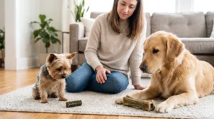 Small and large dogs beside dental chews suited to their different sizes.