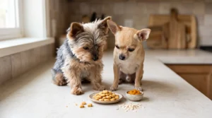 Chihuahua and Yorkshire Terrier beside tiny homemade pumpkin oat treats for toy breeds.