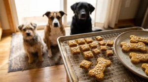 Homemade pumpkin and peanut butter dog treats in different sizes cooling on a wire rack.