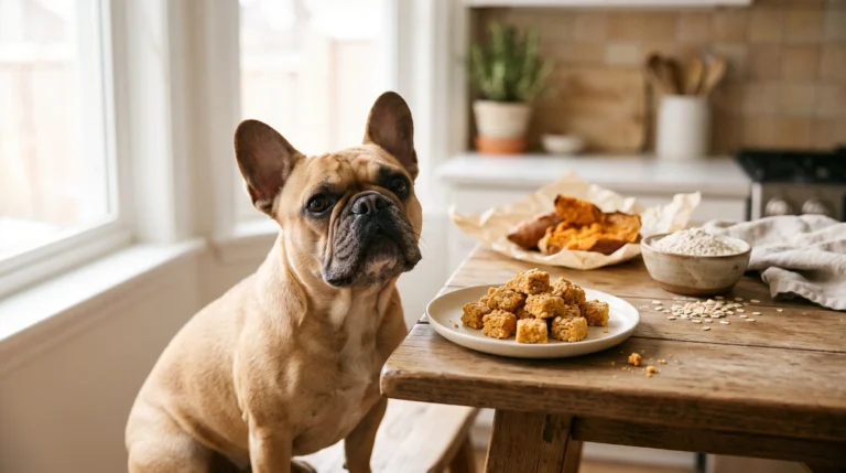 French Bulldog sitting beside small homemade sweet potato and oat dog treats.