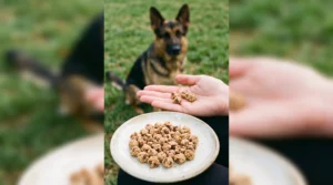 Pea-sized homemade beef and oat training treats beside an attentive German Shepherd.