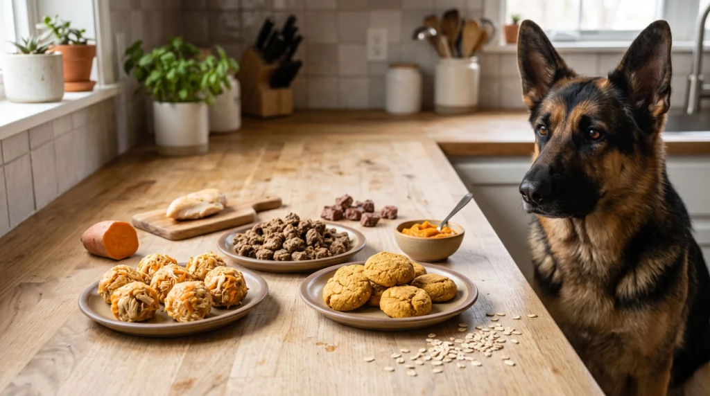 Three homemade German Shepherd dog treat recipes featuring chicken and sweet potato bites, beef oat training treats, and peanut butter pumpkin cookies.