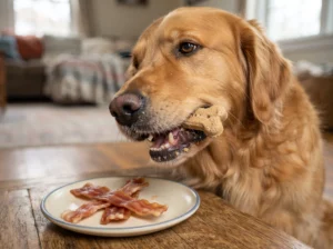 Golden Retriever chewing a crunchy biscuit beside soft chewy dog treats.