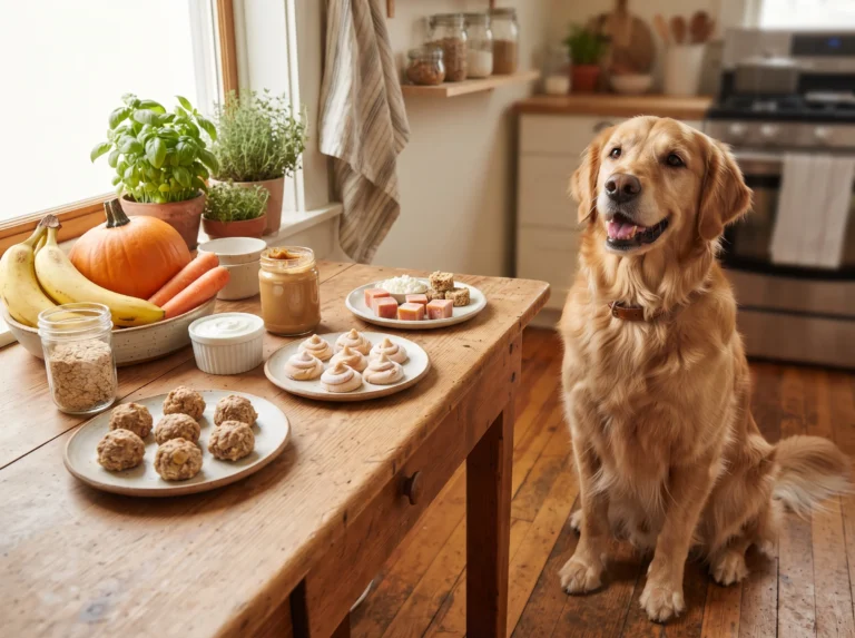 : Golden Retriever beside assorted homemade no-cook dog treats.