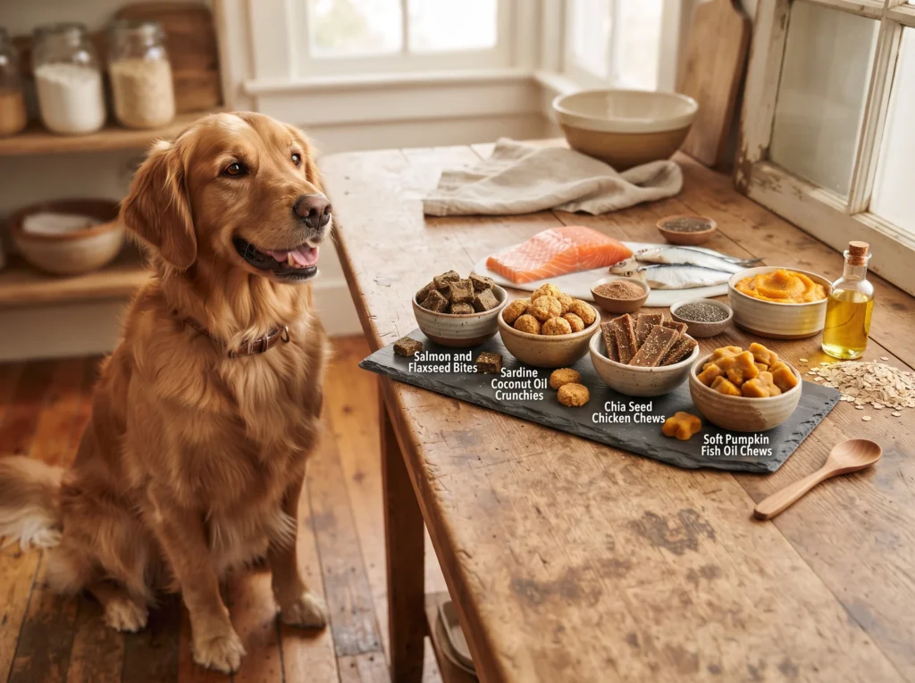 Golden Retriever beside homemade omega-3-rich dog treats and healthy ingredients.