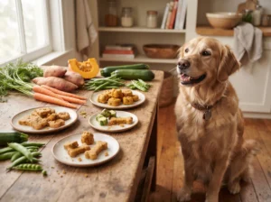 Golden Retriever beside assorted homemade vegetable dog treats and fresh vegetables.