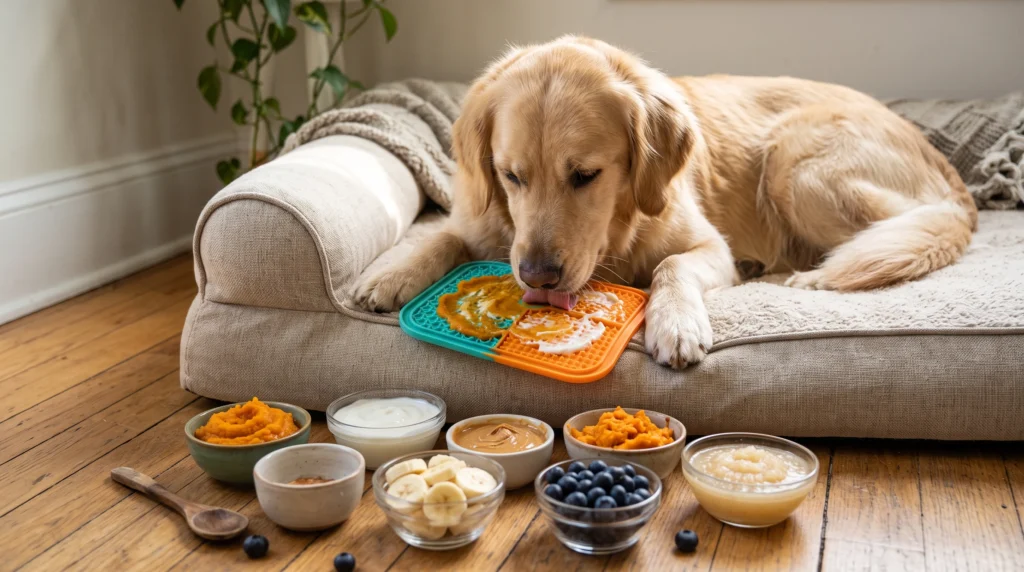 Calm dog using a lick mat with homemade anxiety-friendly filling