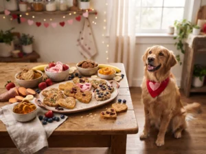 Valentine's Day heart-shaped homemade dog treats arranged beside a Golden Retriever.