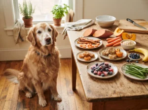 Senior Golden Retriever beside assorted homemade low-sodium dog treats.
