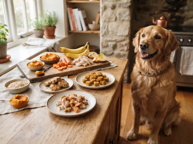 Golden Retriever beside assorted homemade hypoallergenic dog treats and gentle ingredients.