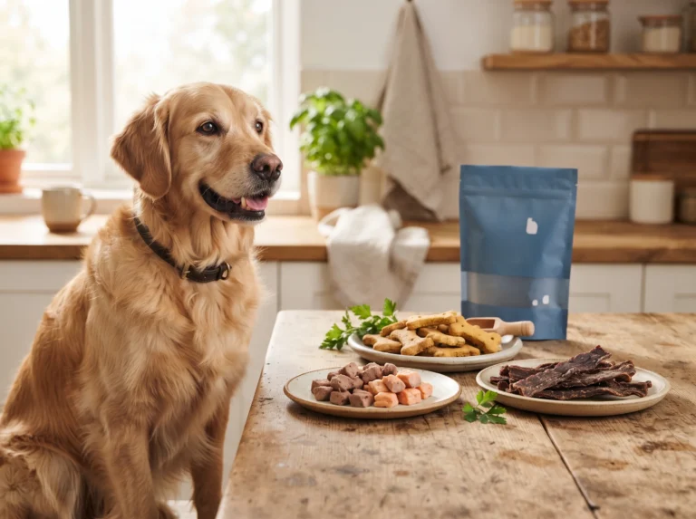 Golden Retriever beside assorted premium dog treats and a blue treat package.