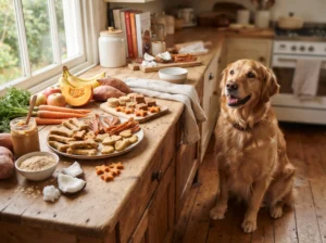 Golden Retriever beside assorted homemade organic dog treats and fresh ingredients.