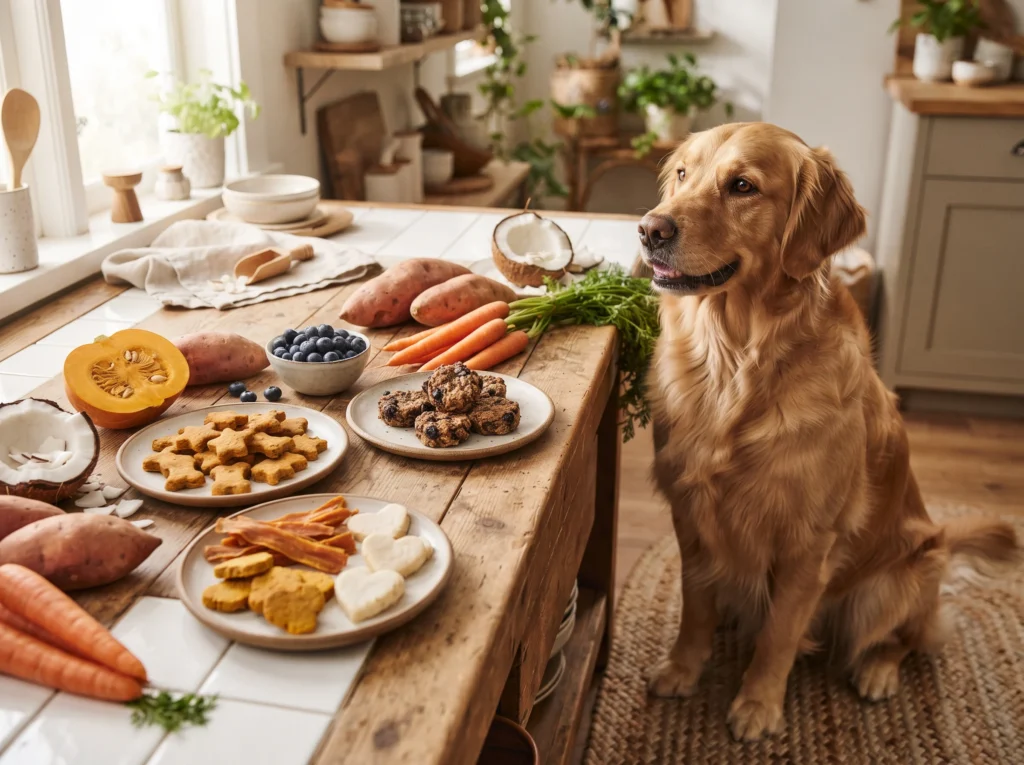 Golden Retriever beside homemade dog treats made with nutritious superfood ingredients.