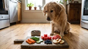 Dog-safe raw fruit and vegetable treats beside a Golden Retriever