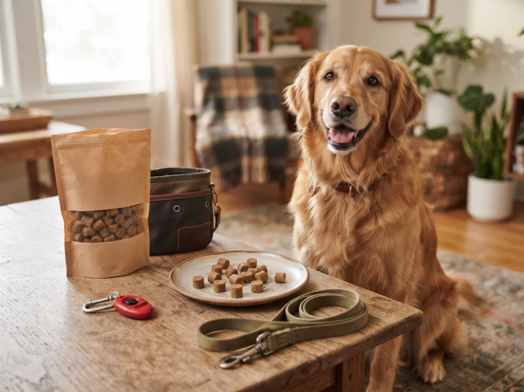 Pet owner checking the ingredients and calorie information on a dog treat package.