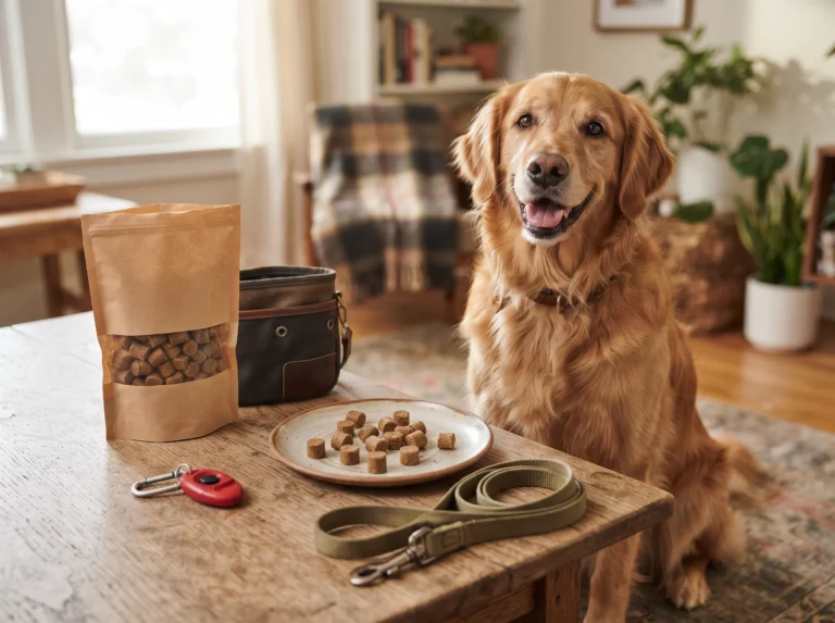 Pet owner checking the ingredients and calorie information on a dog treat package.