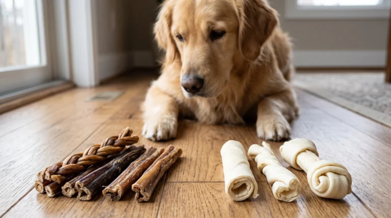 Bully sticks and rawhide dog chews compared side by side
